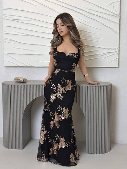 Jemour Women's Floral Sequin Fitted Mermaid Hem Elegant Dress