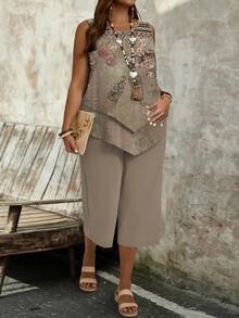 EMERY ROSE Conjunto informal de 2 piezas con chaleco de cuello redondo con estampado floral retro y pantalones holgados 7/8, talla grande, apto para el verano - Multicolor - Ver 4