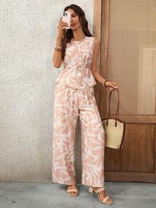 EMERY ROSE Conjunto de 2 piezas de camiseta sin mangas y pantalones con estampado de plantas para vacaciones de mujer - Caqui - Ver 6