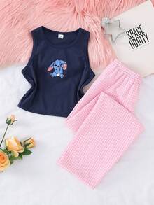 Genkimix Kids Girls' Blue Ribbed Texture Vest With Cute Blue Rabbit Print & Pink Plaid Pants 2 Pieces Comfortable Pajama Set - Navy Blue - View 6