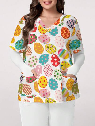 PopScrub Butterfly, Polka Dot, Striped Design Cartoon Printed V-Neck Short Sleeve Pocket Ear Loop Split Hem Plus Size Scrub Top, Spring/Summer Nurse Uniform, Suitable For Easter Outfit