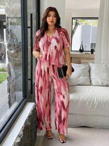Vionelle 大码女式扎染单排扣短袖上衣和阔腿裤休闲两件套，最新款女式度假装，女士夏季休闲套装，长款休闲连衣裙 - 粉色 - 查看 7