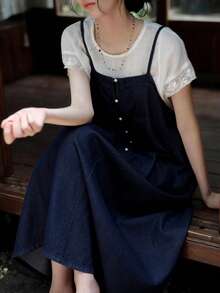 FRIFUL Women's Solid Color Button Decor Casual Denim Cami Dress - Dark Wash - View 5