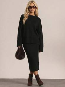 RueChic Drop Shoulder Rolled Cuff Tee And Skirt Set - Black - View 1