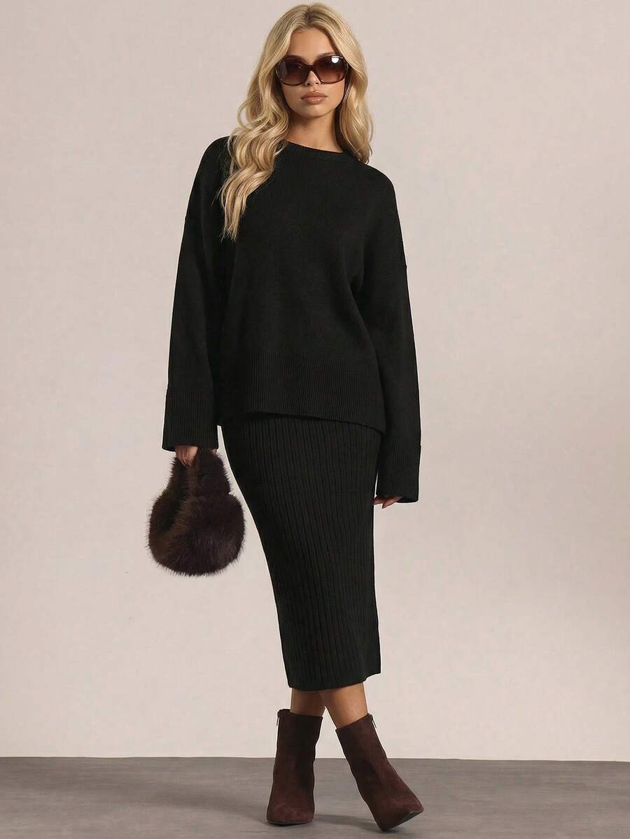 RueChic Drop Shoulder Rolled Cuff Tee And Skirt Set - Black - View 1