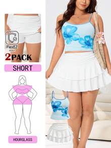 Solflare Plus Size Summer Holiday Beach Boho Blue And White Floral Adjustable Strap Camisole Top&White Built-In Shorts Skirt Set,Stretchy Knit Everyday Outfit - Multicolor - View 1