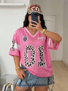 Coolane 女士加大码春夏街头风 Y2K 豹纹数字图案橄榄球球衣 V 领棕色球衣 T 恤 - 粉色 - 查看 4