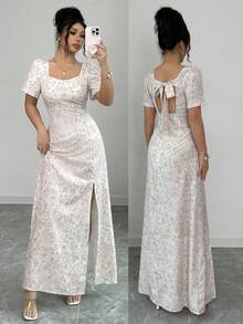 SHEIN Raffinéa New Arrival Elegant Printed Square Collar Dress - Khaki - View 1