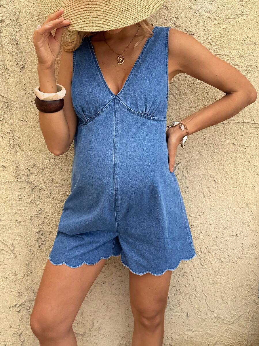 SHEIN 孕妇休闲无袖牛仔连体衣 - 藍色 - 查看 1