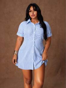 Rustia Plus Size Women Knight Pattern Short Sleeve Single-Breasted Shirt Striped Dress - Blue - View 6