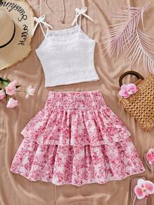 SHEIN Sparklyn 2pcs Teenage Spring/Summer Vacation New White Pleated Camisole Top & Blue Printed Mini Skirt Set - Multicolor - View 8