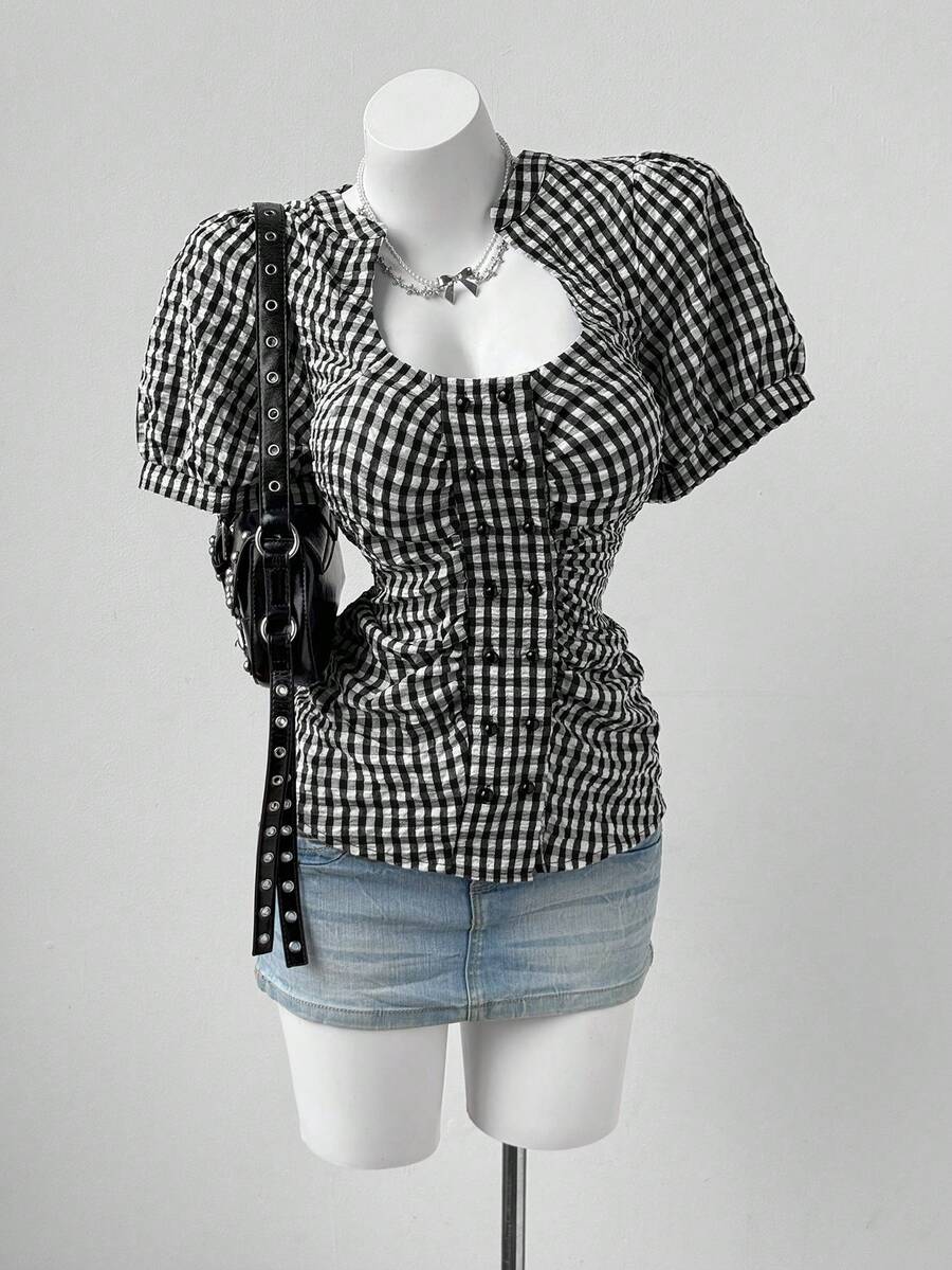 Sunspun Casual Round Neck Double-Breasted Pleated Fitted Shirt - Black and White - View 1