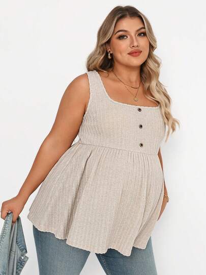SHEIN Summer Outfits Plus-Size Maternity Casual Outing Top In Apricot Color With Button Embellishments And An Umbrella-Shaped Hem. Plus Size Pregnant Women's Casual Sleeveless Solid Color Top, Summer