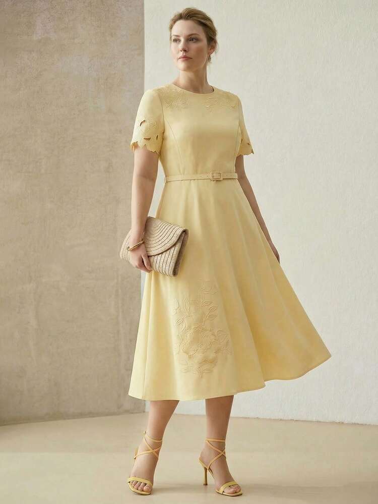 PLUS SIZE WOMEN LASER CUT EMBROIDERED FLORAL BUCKLE BELTED MID-LENGTH DRESS, SPRING/SUMMER