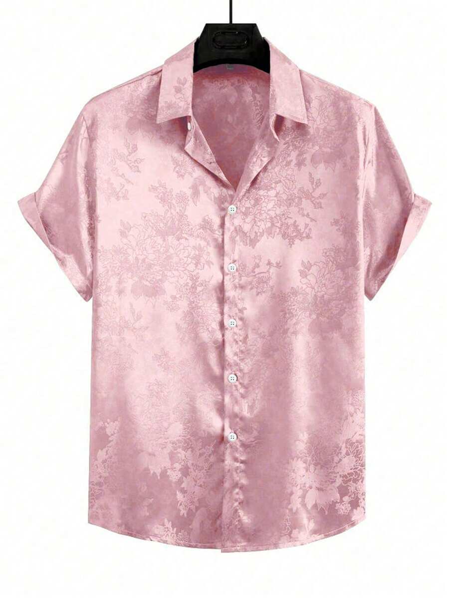 Genlund 男士休闲纯色提花短袖衬衫，夏季 - 粉色 - 查看 1