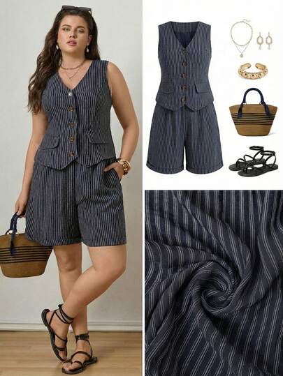 Zelara Plus Size Striped Sleeveless Top And Shorts 2 Pieces Set Summer Outfits For Women Summer Tops Spring Outfit Women Women Outfit Sets Summer Cruise Outfit For Women Sets Short Sets For Women Vacation Easter Graduation Outfit For Mother Elegant Women's Set Coords For Women Casual Classy Casual Sets For Women Work Outfits For Women Office Outfits For Women Office Attire For Women