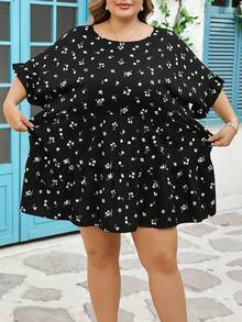 SHEIN CURVE+ Curve 尺码 US22 音乐节、海滨度假、波西米亚风女士夏季休闲褶皱花卉灯笼袖复古波西米亚风衬衫 - 黑色 - 查看 3