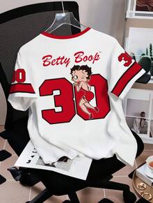 Betty Boop x SHEIN Women's Casual Cartoon Print T-Shirt, Summer - White - View 2
