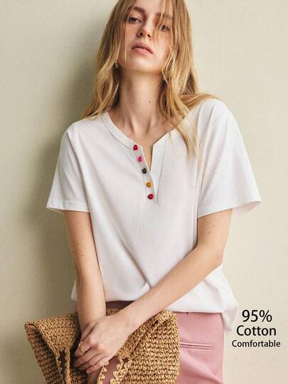 Écloséra 2026 New Style Cotton T-Shirt, French Retro White Short Sleeve, Women's Summer T-Shirt With Colorful Heart Buttons, Red, Yellow, Pink, Blue Heart Button Decoration, Cotton, Breathable And Comfortable, Women's Casual Top, Women's Beach Vacation Outfit, Summer Top, Women's Graduation T-Shirt, Vacation Casual Beach Women's Top, Summer T-Shirt