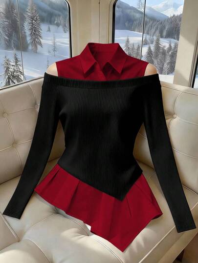 Franclia 经典黑白撞色二合一露肩长袖上衣，简约时尚