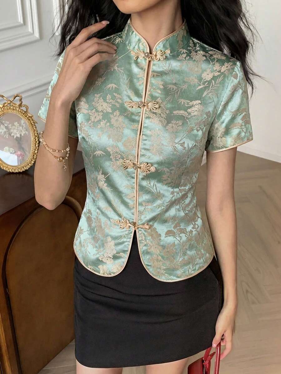 EastFlair 女士短袖上衣，提花圆盘纽扣设计，中国风 - 綠色 - 查看 1