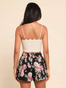 Coeurva 纯色扇形边饰短款吊带背心和印花腰带短裤夏季女士两件套沙滩套装 - 杏色 - 查看 3