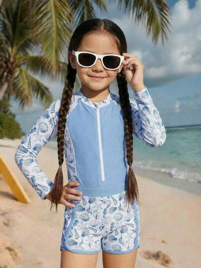 SHEIN 女童针织贝壳印花撞色连体泳衣套装，含短裤，适合度假、海滩、海边、游泳等场合