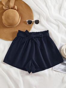 INAWLY Women's Casual Solid Color Belted Shorts, Versatile For Summer - Navy Blue - View 3