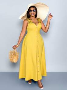 SOLERSUN Plus Size Women's Summer Elegant Yellow V-Neck Sleeveless Maxi Dress,3D Floral Embroidered Lace,A-Line Waist Cinched Vacation Holiday Resort Outfits - Yellow - View 3