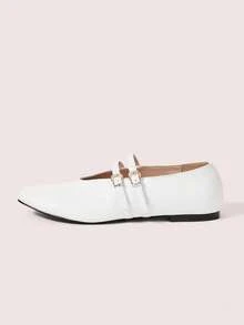 CUCCOO DOLLMOD 女士芭蕾平底鞋，玛丽珍平底鞋，套脚式，可调节系带圆头平底鞋，舒适时尚双扣芭蕾舞鞋 - 白色 - 查看 8