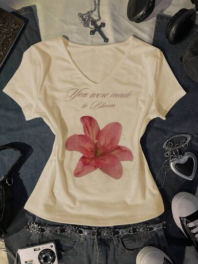 Glimmora Áo thun mùa hè kiểu dáng thường ngày với họa tiết hoa và khẩu hiệu