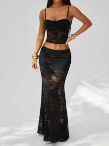 SHEIN PETITE Sexy Solid Black Sheer Lace Camisole Top & Low-Waisted Skirt Two Pieces Set For Spring/Summer, Elegant Skirt, Party Dress, Wedding Guest Attire, Brunch Dress, Spring/Summer Black Lace Skirt. - Black - View 3