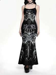 ROMWE Goth Vestido largo gótico, oscuro y misterioso con estampado de esqueleto, serpiente y estilo hippie sexy para mujeres - Negro - Ver 1