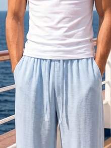 Manfinity Dauomo Men's Light Blue Casual Loose Fit Pants,Solid Color Drawstring Waist Pocket Relaxed Pants For Autumn Beach Holiday Summer Vacation Cruise Resort Wear - Blue - View 3
