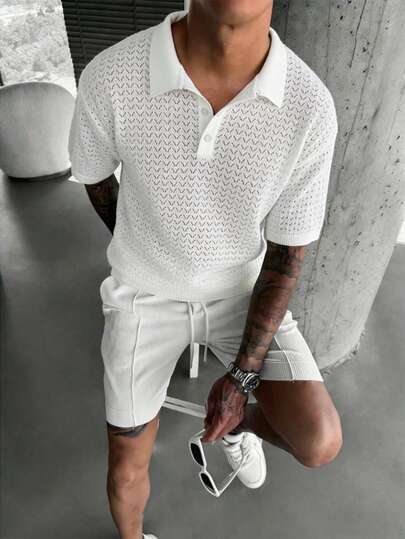 Manfinity Homme Men's Loose Lightweight Premium Knit Seagull Collar Polo Shirt - Striped Airplane Collar Short Sleeve, Cool & Comfortable Summer Fashion Casual Essential Lace Shirt For Men Fishnet Shirt Men Men Mesh Shirt Open Knit Shirt Men Men S Crochet Shirt