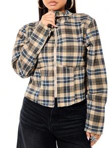 SUMWON WOMEN Plaid Check Pattern Cropped Denim Biker Jacket With Zip Closure Long Sleeves Women Casual Fall Winter Outerwear - Multicolor - View 4