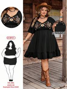 SHEIN CURVE+ Đầm nữ dáng ôm US22, kiểu Bohemian, cổ vuông, tay bồng, thêu họa tiết, thích hợp cho kỳ nghỉ biển và lễ hội âm nhạc. - màu đen - Xem 1