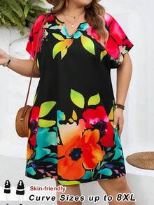 SHEIN CURVE+ Curve 尺码 US22 音乐节、海滨度假、波西米亚风印花 V 领蝙蝠袖休闲印花连衣裙，夏季 - 黑色 - 查看 10
