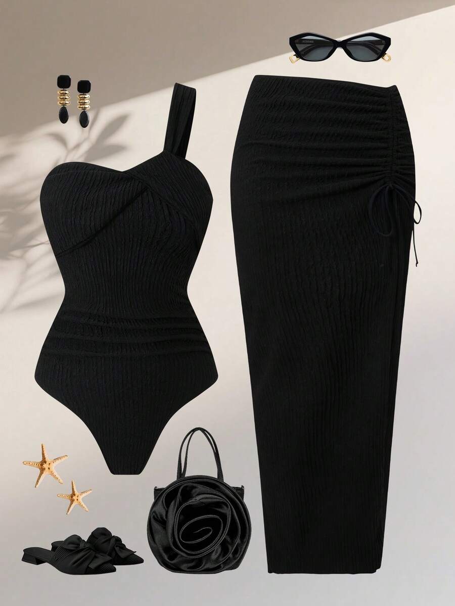 Swim Oasis Spring/Summer New Women's One-Piece Swimsuit Set, Black Special Textured Fabric, Asymmetric Shoulder Strap Crossover Design Swimsuit And Side Slit Ruched Tie-Up Maxi Skirt, Elegant Conservative Style Suitable For Beach, Pool Party - Black - View 1