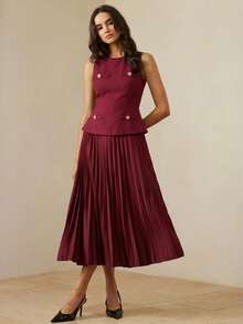 BELROSIE Fashionable & Elegant Commuting Thick Fabric + Pleated Skirt Sleeveless Dress, Suitable For Early Autumn - Burgundy - View 4