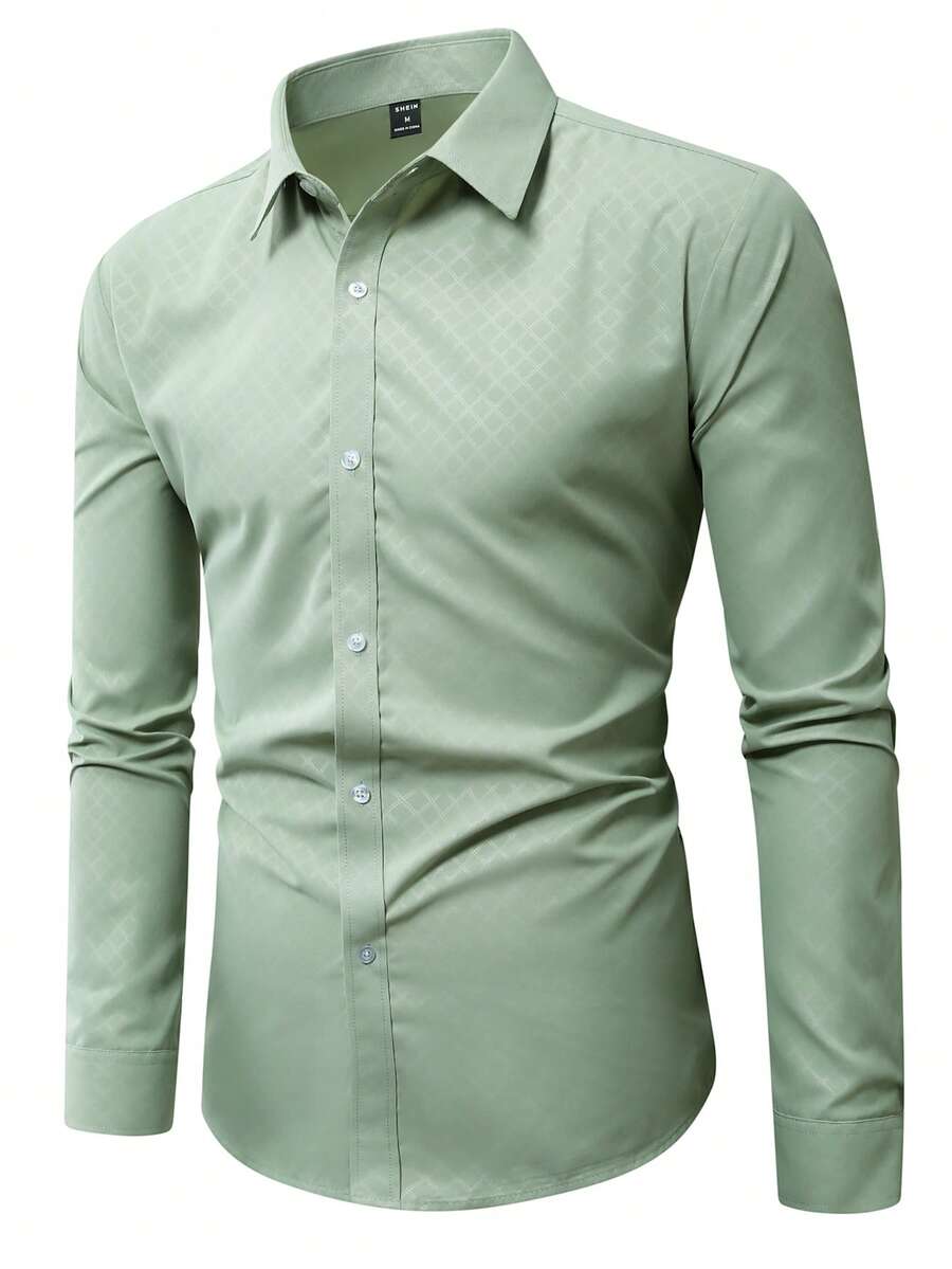 Manfinity Mode Men's Solid Color Slim Fit Casual Long Sleeve Shirt, Fall - Olive Green - View 1