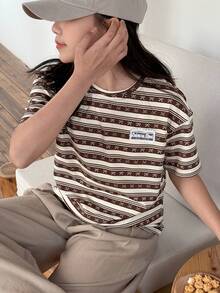 DAZY 少女条纹极简主义T恤，秋季款 - 棕色 - 查看 5