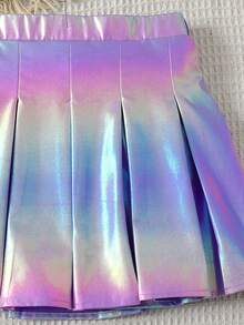 2pcs/Set Young Girls' White Printed Tank Top+Colorful Laser Holographic Pleated Skirt,Summer Casual Fashionable Versatile For Party Outing Vacation - Multicolor - View 6