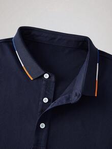 Officeau 男士时尚商务休闲 Polo 衫，夏季短袖领衬衫 - 藏蓝色 - 查看 3