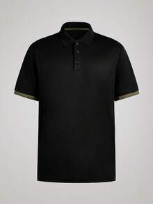 Officeau 男士黑色 Polo 领短袖 Polo 衫，撞色领口饰边，质地细腻，透气吸湿，抗皱，弹力舒适，不易起球，经久耐穿，商务休闲，轻运动风，短袖 Polo 衫，适合工作通勤、户外活动、商务会议等场合，尽显绅士风范。 - 黑色 - 查看 1