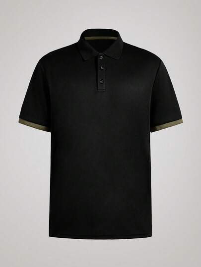 Officeau 男士黑色 Polo 领短袖 Polo 衫，撞色领口饰边，质地细腻，透气吸湿，抗皱，弹力舒适，不易起球，经久耐穿，商务休闲，轻运动风，短袖 Polo 衫，适合工作通勤、户外活动、商务会议等场合，尽显绅士风范。