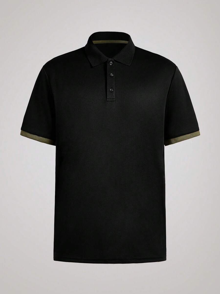 Officeau 男士黑色 Polo 领短袖 Polo 衫，撞色领口饰边，质地细腻，透气吸湿，抗皱，弹力舒适，不易起球，经久耐穿，商务休闲，轻运动风，短袖 Polo 衫，适合工作通勤、户外活动、商务会议等场合，尽显绅士风范。 - 黑色 - 查看 1