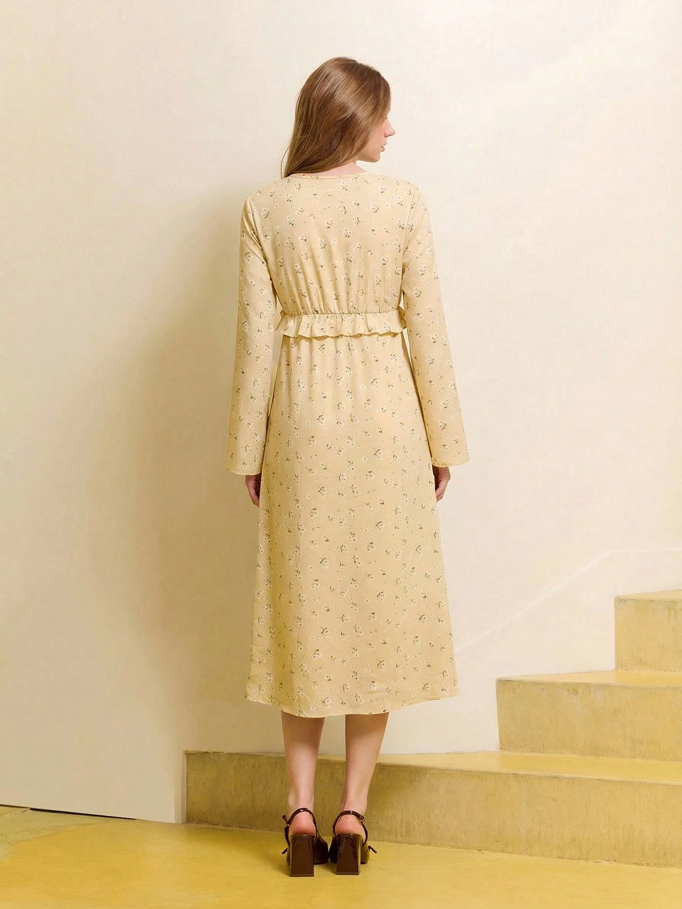 Butter Yellow Floral Print V-Neck Tie-Front Midi Dress With Ruffled Details And Long Sleeves Floral Print Dress Womens Holiday Dress Womens Long Sleeve Dress Yellow Midi Dress Women S Spring Dress