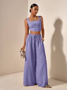 Zivah Women's 2 Pieces Set Purple Summer Tropical Holiday Vacation Holiday,Fishbone Strap Top And Wide Leg Pants With Pockets,Textured Casual Work Outfits - Mauve Purple - View 3