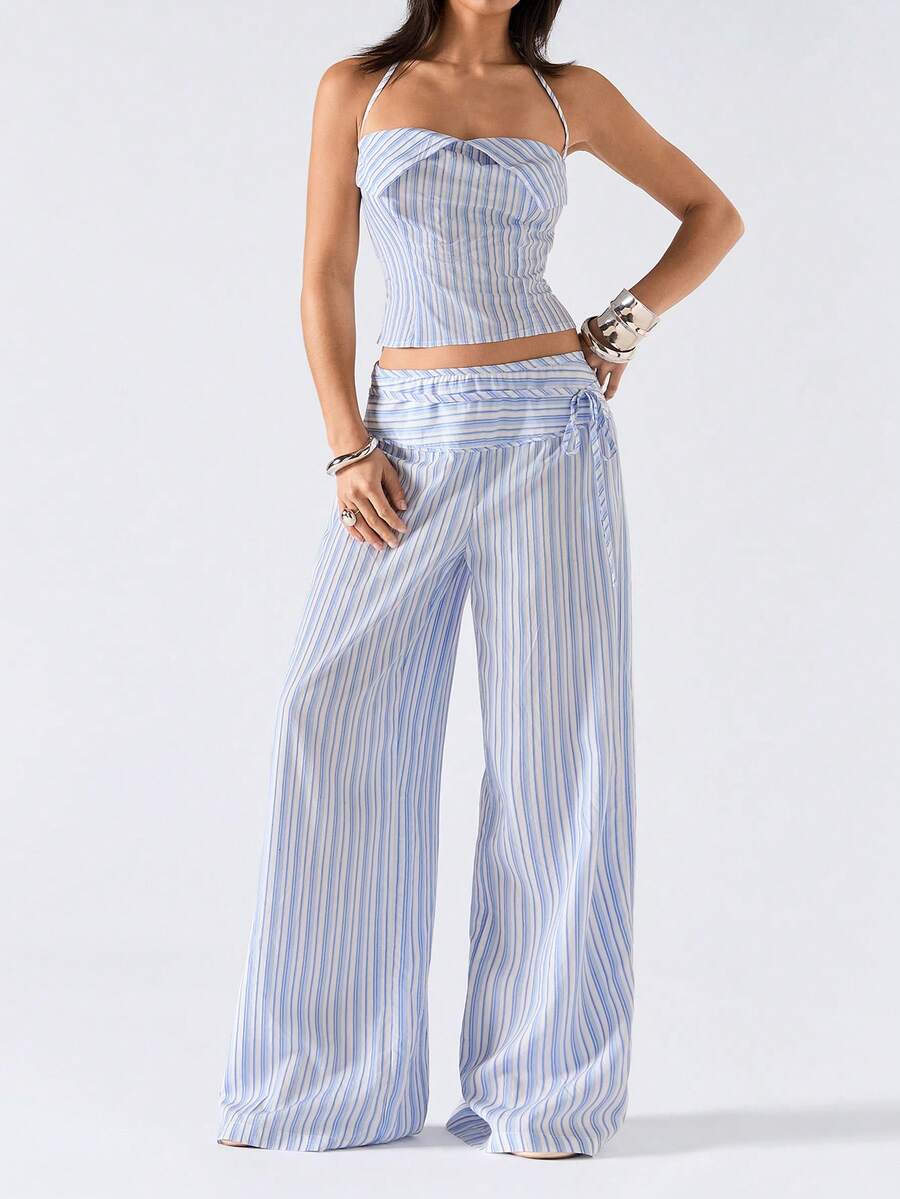LYSMO 2026 New Arrive Minimalism Spring/Summer Women Striped Cropped Halter Top And Wide Leg Pants Casual 2 Pieces Set Two Piece Pant Set Summer Pant Set Striped Two Piece Set Striped Pant Set Summer 2 Piece Sets Woman - Blue - View 1